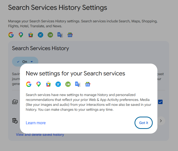Search Services History Settings